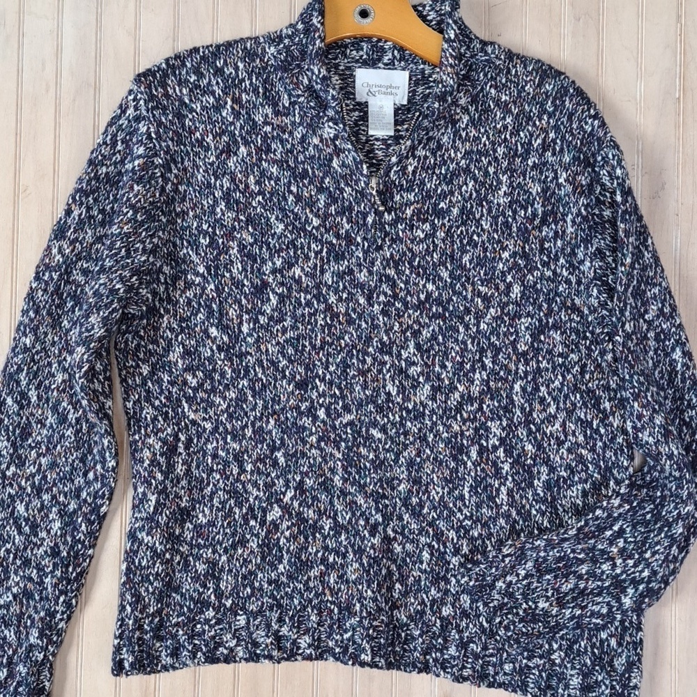 Christopher & Banks Cotton/Wool Blend Marble Multi Relaxed 1/4 Zip Knit Pullover
